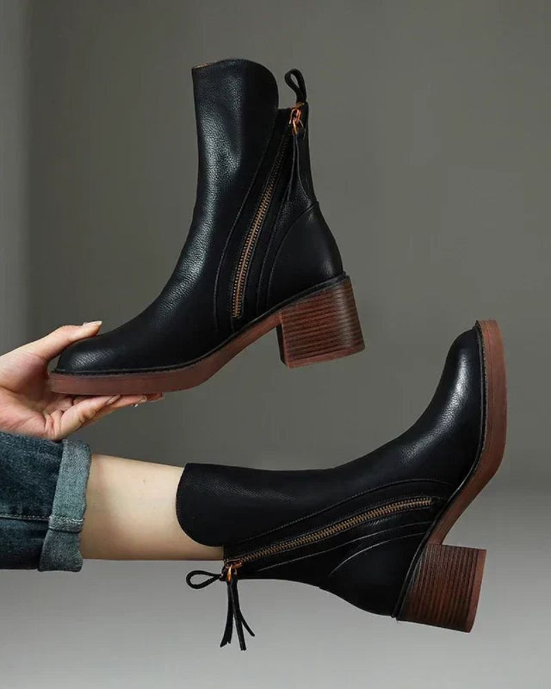 Léviane™ | Botte en cuir noire avec un talon confortable, élégante et intemporelle