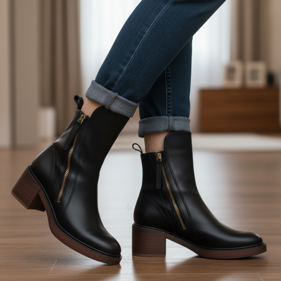 Léviane™ | Botte en cuir noire avec un talon confortable, élégante et intemporelle