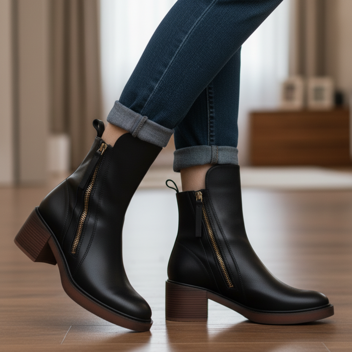 Léviane™ | Botte en cuir noire avec un talon confortable, élégante et intemporelle