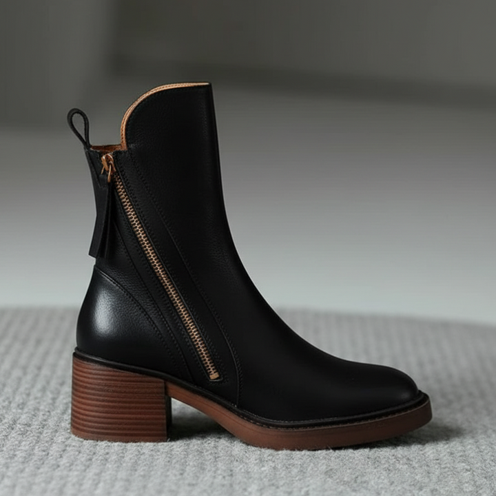 Léviane™ | Botte en cuir noire avec un talon confortable, élégante et intemporelle