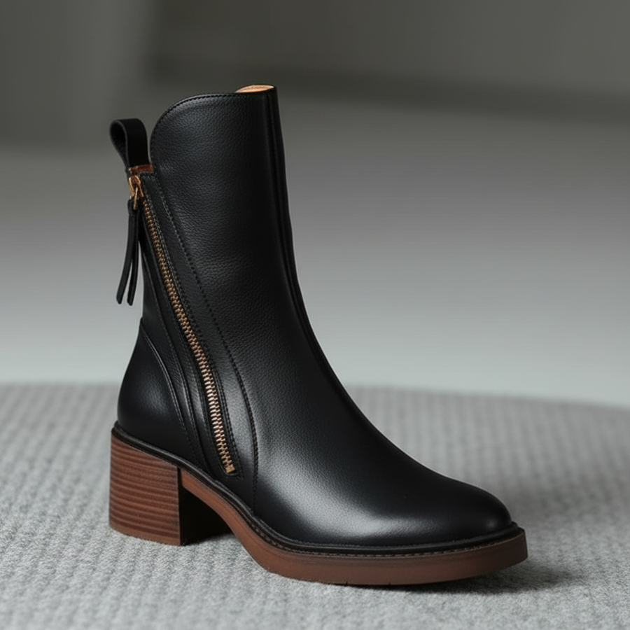 Léviane™ | Botte en cuir noire avec un talon confortable, élégante et intemporelle